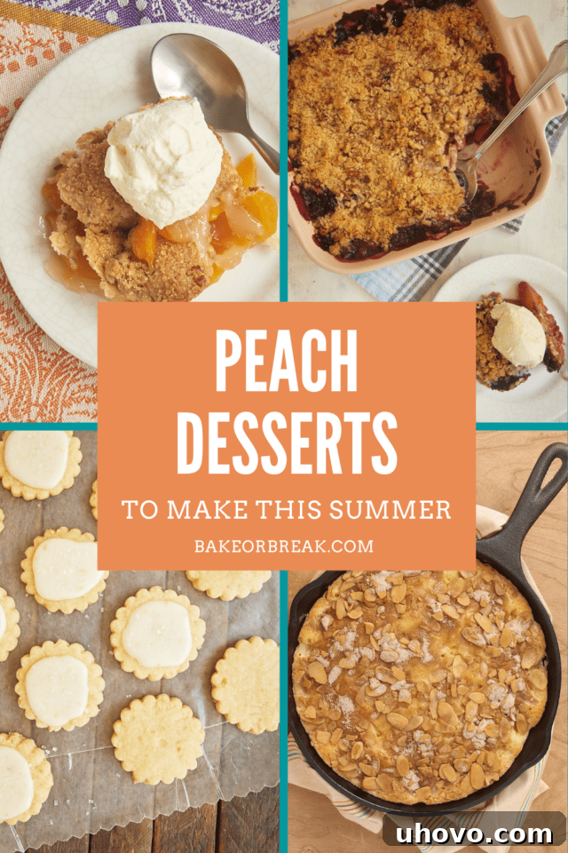 A vibrant collection of delicious peach desserts, including cobblers, pies, and crisps, perfect for summer baking.