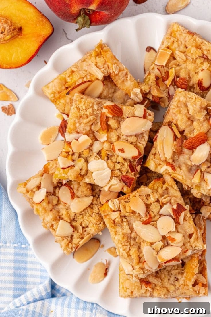 Square Peach Crumble Bars with a crumb topping