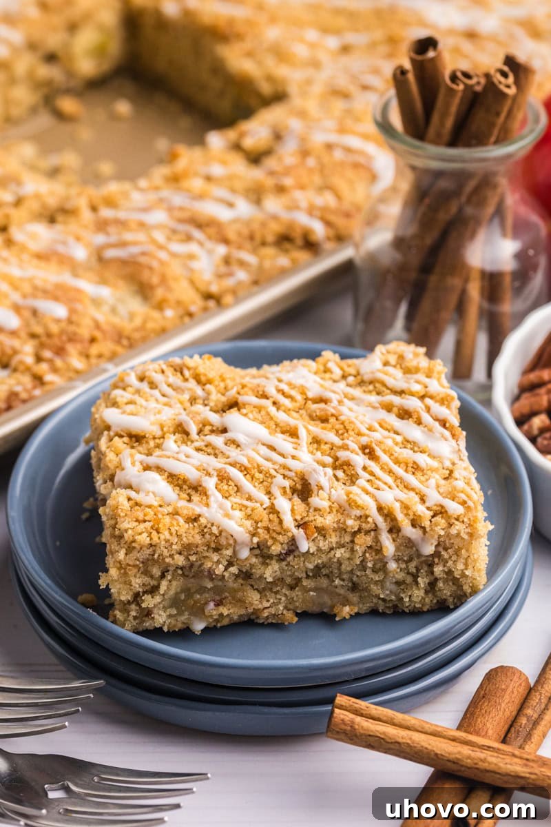 A generous slice of apple crumb sheet cake served on a charming blue plate, with the rest of the beautifully baked cake visible in a large half sheet pan in the background.