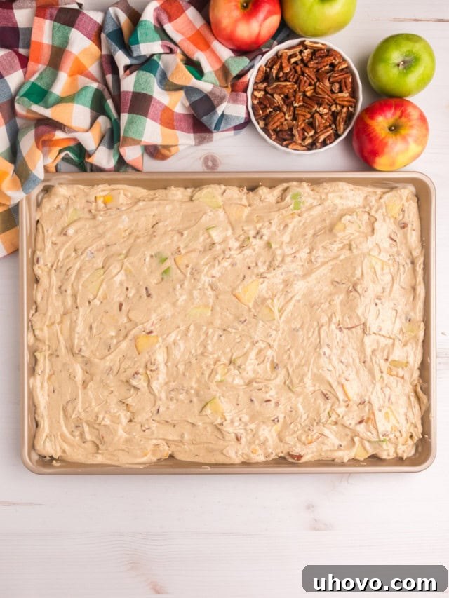 Overhead view of the prepared apple cake batter being evenly spread into a greased 13x18 inch half-sheet pan, ready for the topping.