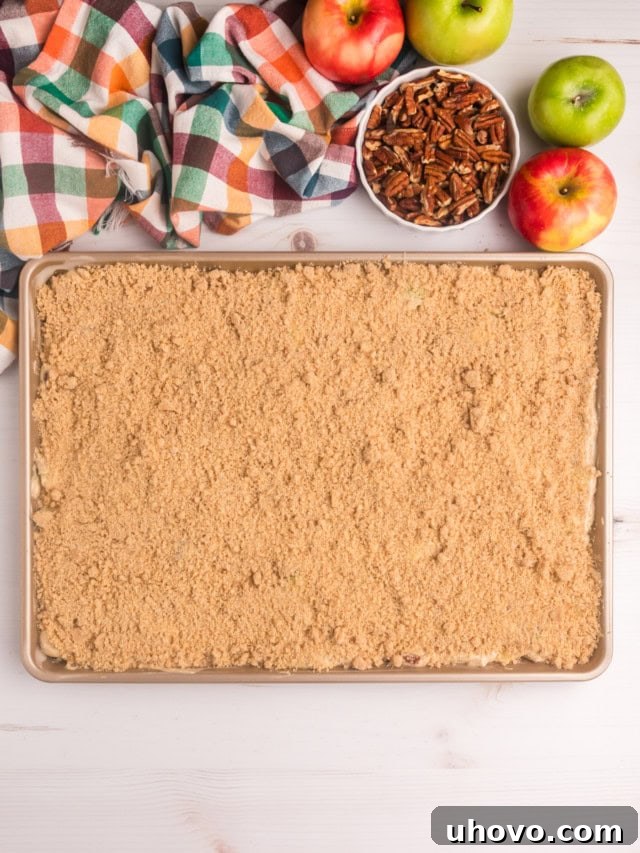 Overhead view of the apple crumb sheet cake nestled in a half sheet pan, generously sprinkled with the buttery crumb topping, poised for baking in the oven.