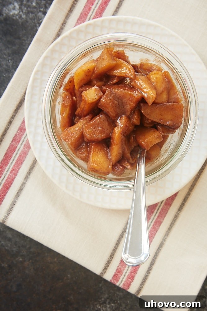 Overhead view of Spiced Apple Compote in a glass container, sitting on a charming beige and white plate with a rustic spoon.