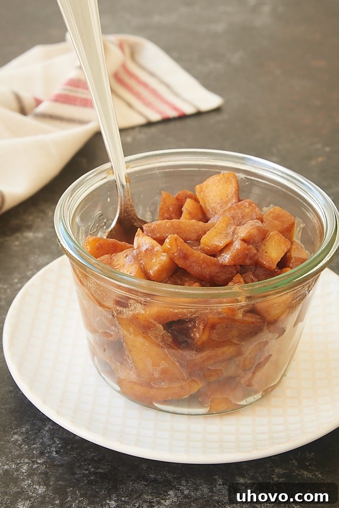 Spiced Apple Compote in a glass container, perfectly portioned, with a small spoon resting inside, ready to be served or savored.
