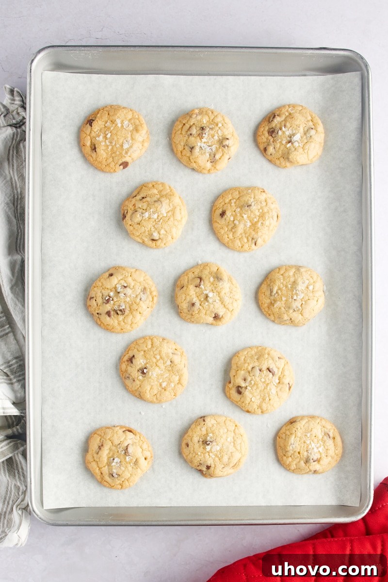 Brown Butter Salted Chocolate Chip Cookies on a baking sheet.