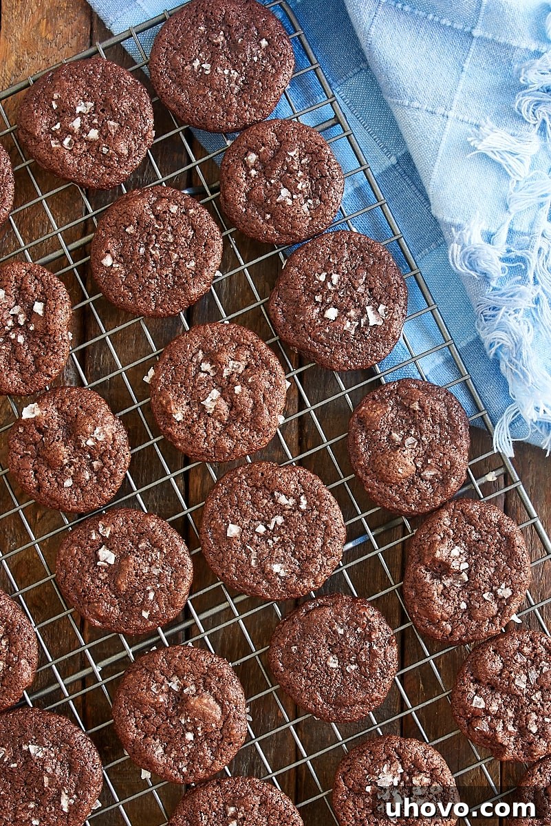 overhead view of Salted Double Chocolate Cookies on a wire cooling rack