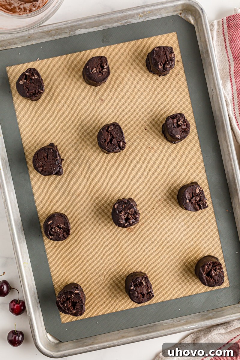 Double Dark Chocolate Cherry Cookies on baking sheet, before baking