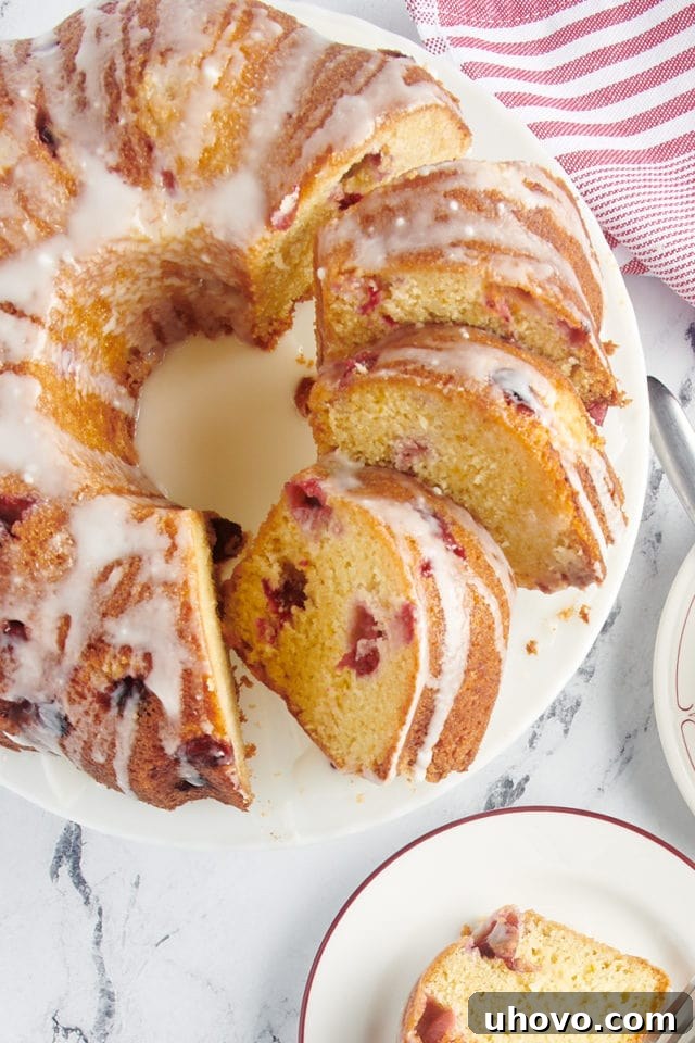 Cranberry bundt cake with slices missing.