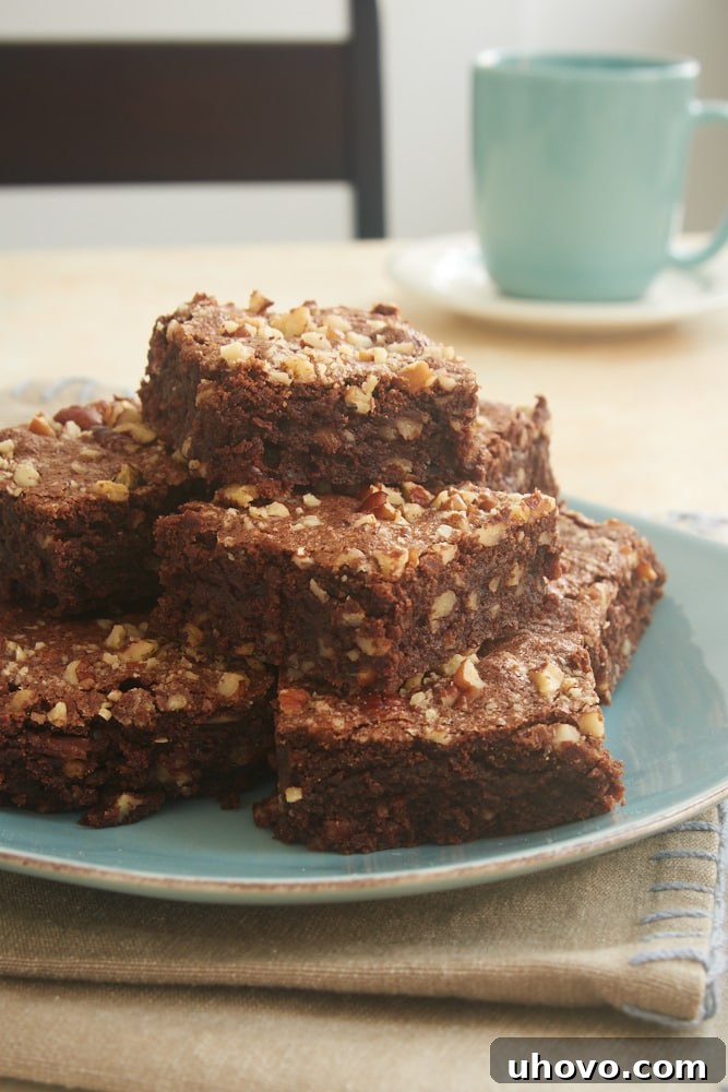 A serving of Double Chocolate Cinnamon Pecan Brownies presented beautifully on a blue plate.