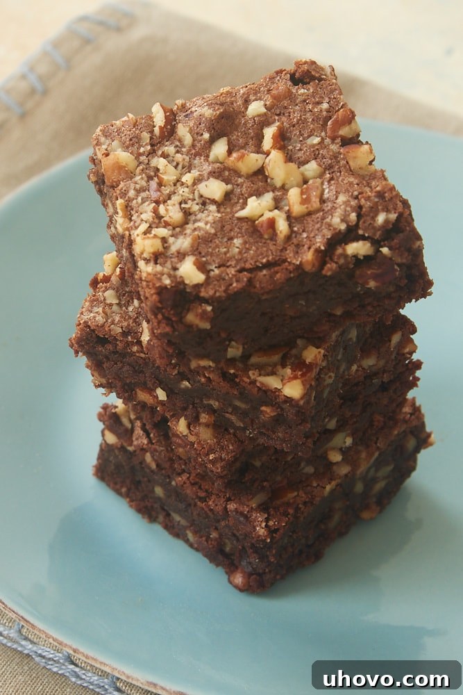 A tempting stack of Double Chocolate Cinnamon Pecan Brownies, showcasing their fudgy texture and nutty inclusions.