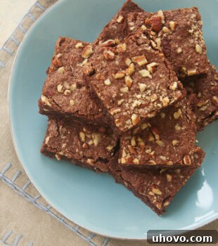 Double Chocolate Cinnamon Pecan Brownies on a blue plate