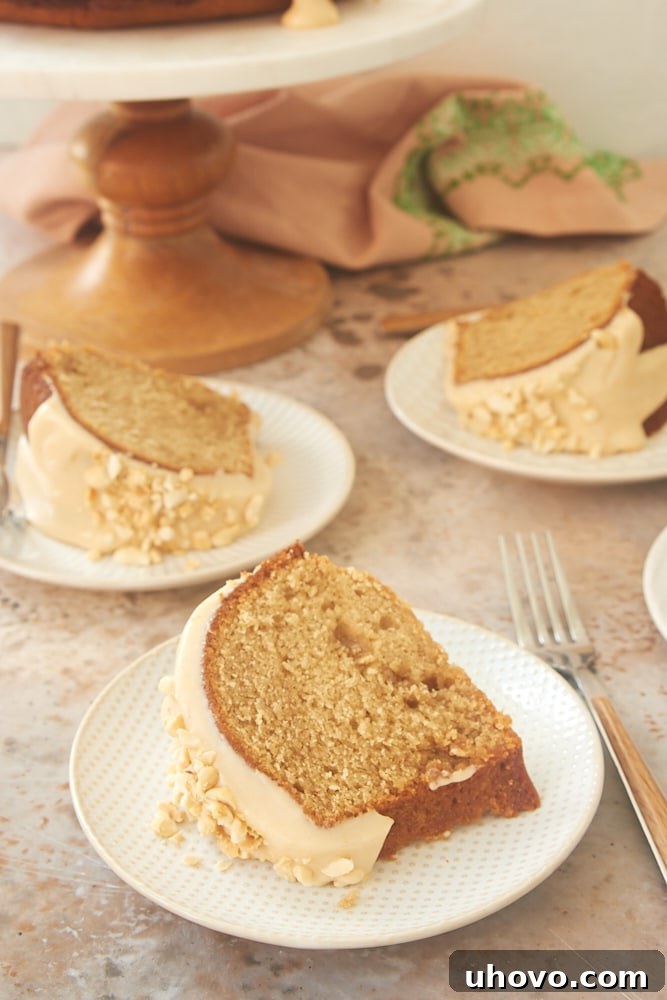Multiple slices of Peanut Butter Bundt Cake elegantly arranged, highlighting the beautiful glaze and potential toppings.