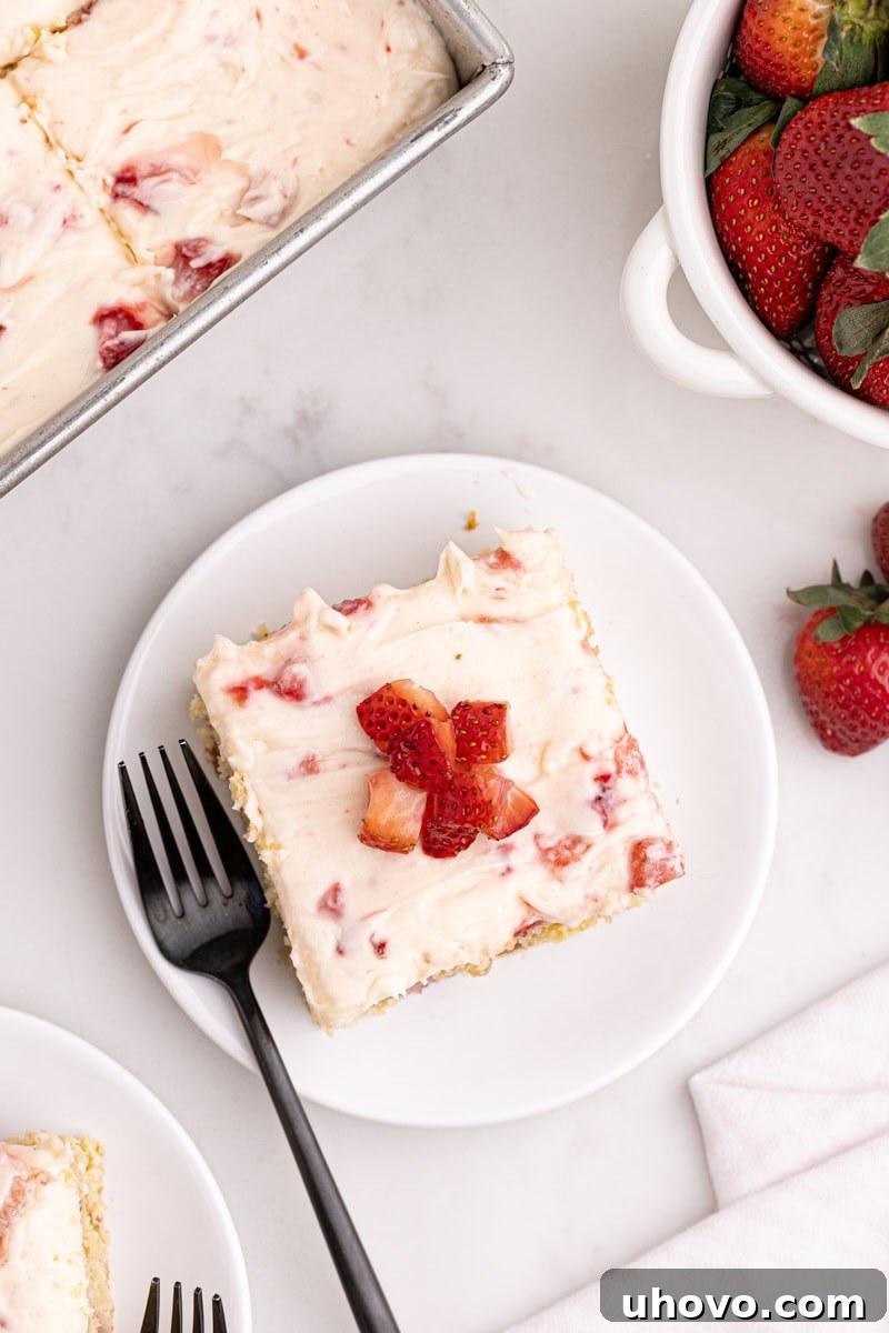 A pristine overhead view of a single, perfectly cut slice of strawberry sheet cake, beautifully presented on a clean white plate, highlighting its vibrant color and inviting texture.