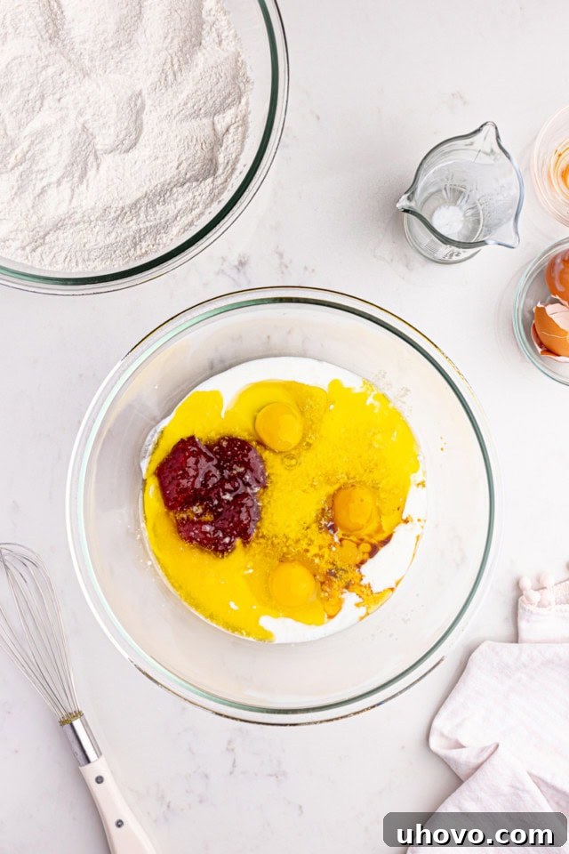 A vibrant overhead shot of buttermilk, farm-fresh eggs, golden melted butter, rich strawberry preserves, and aromatic vanilla extract swirling together in a glass mixing bowl, symbolizing the harmonious blend of wet ingredients for the cake.