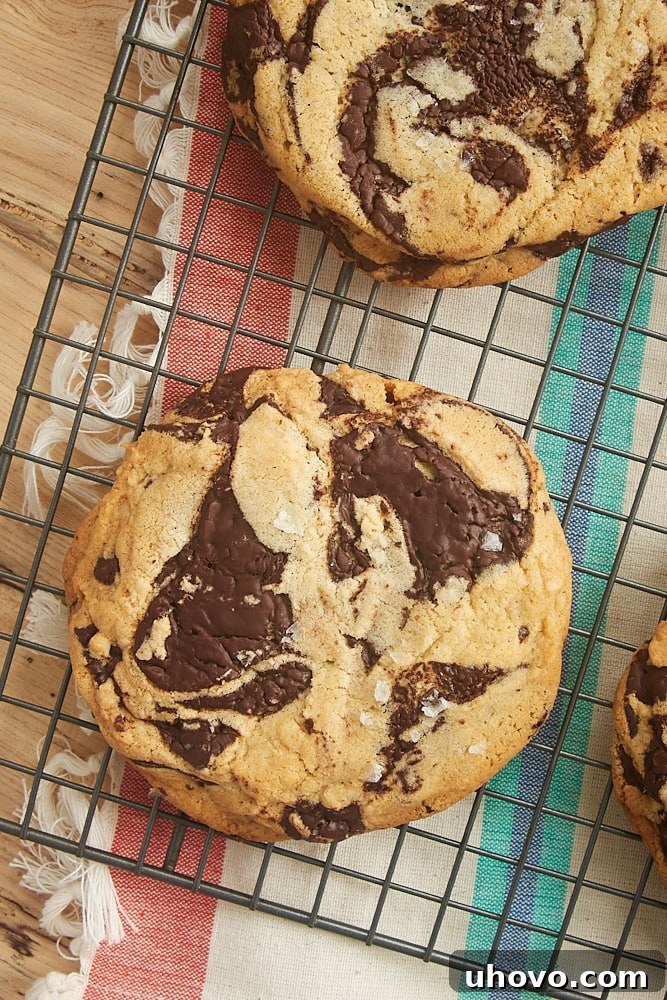Close-up of a perfectly baked Jacques Torres Chocolate Chip Cookie, showing molten chocolate discs and a sprinkle of sea salt.