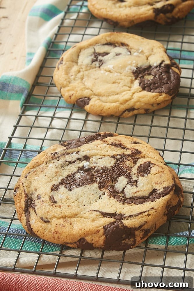 Freshly baked Jacques Torres Chocolate Chip Cookies cooling on a wire rack, ready to be enjoyed.