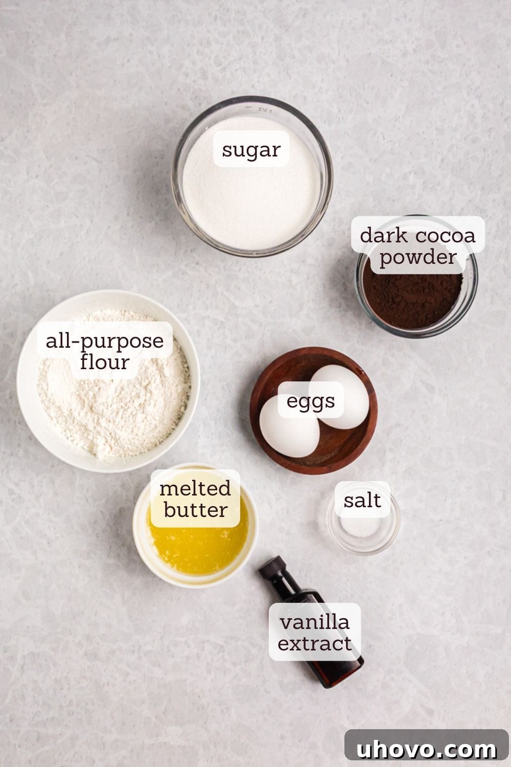 overhead view of ingredients for dark cocoa brownies