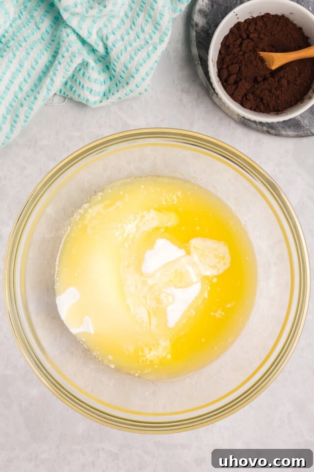 overhead view of melted butter and sugar in a mixing bowl