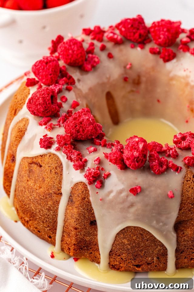 The finished Raspberry Bundt Cake, elegantly topped with white chocolate ganache and adorned with a sprinkle of colorful freeze-dried raspberries for garnish.