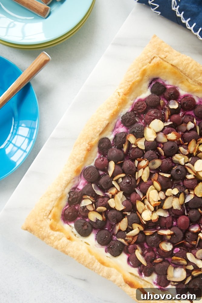 A whole Blueberry Cream Cheese Tart, freshly baked and glistening, showcasing its golden crust and vibrant blueberry topping.