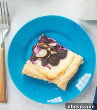Blueberry Cream Cheese Tart served on a blue plate, showing a perfect slice.