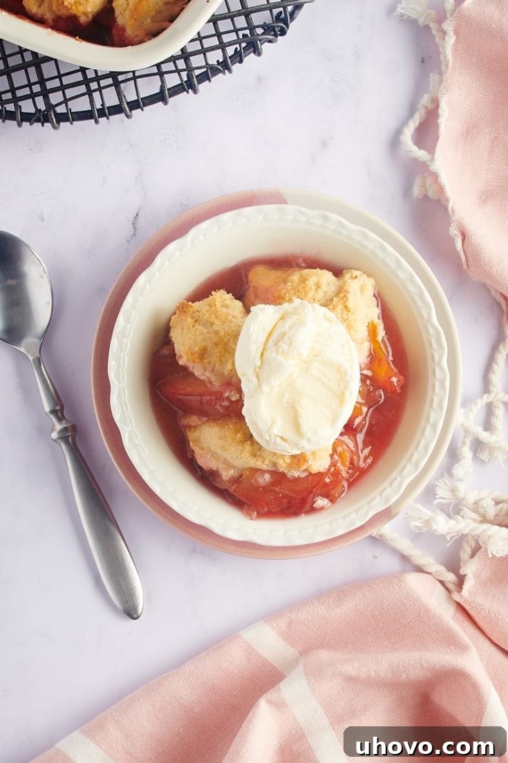 A generous serving of Plum Cobbler with a golden-brown biscuit topping.