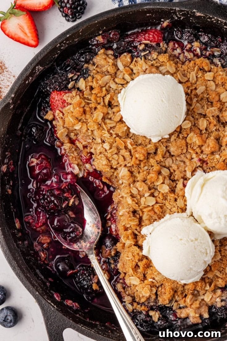 A cast-iron skillet filled with golden-brown Skillet Berry Crumble.