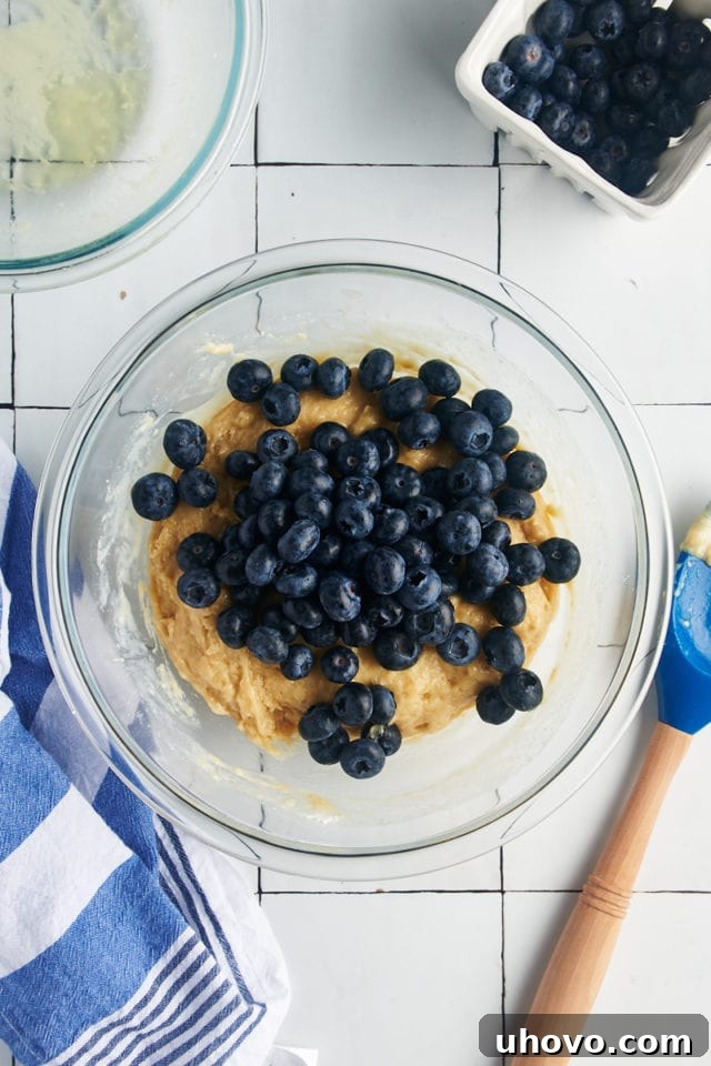 Fresh blueberries added into a bowl of batter.