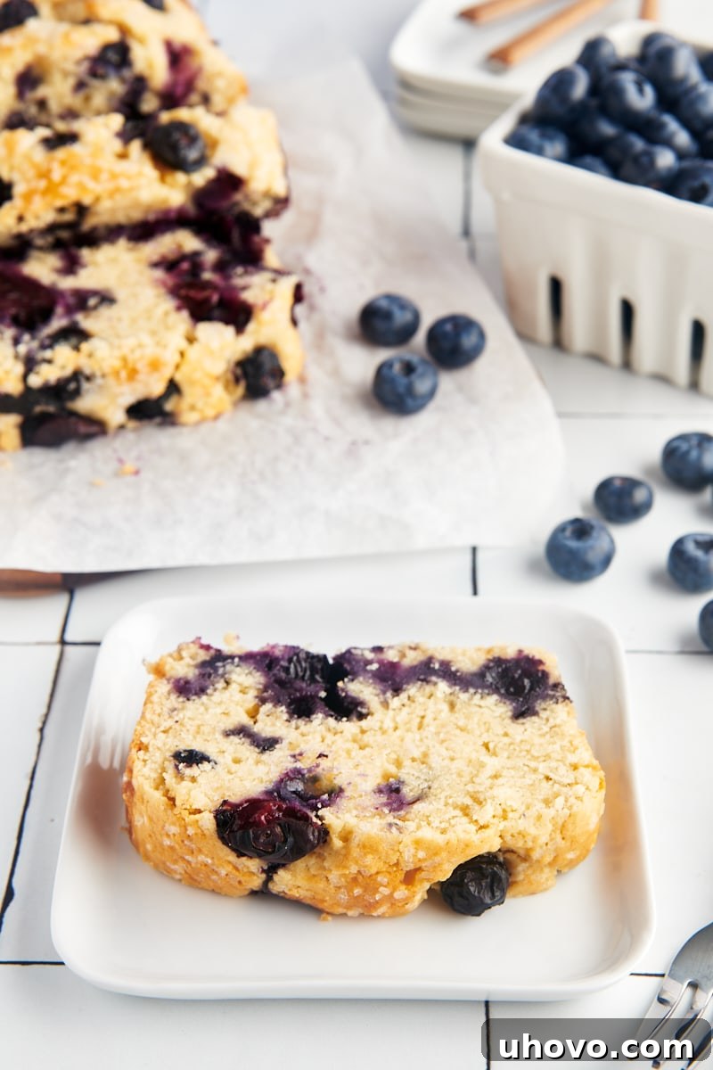 Blueberry loaf on a plate.