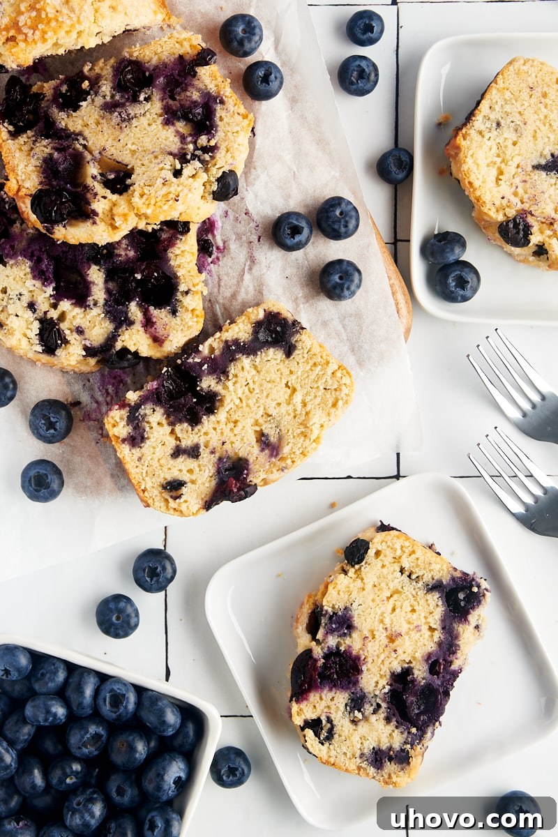 Blueberry loaf slices with fresh blueberries.