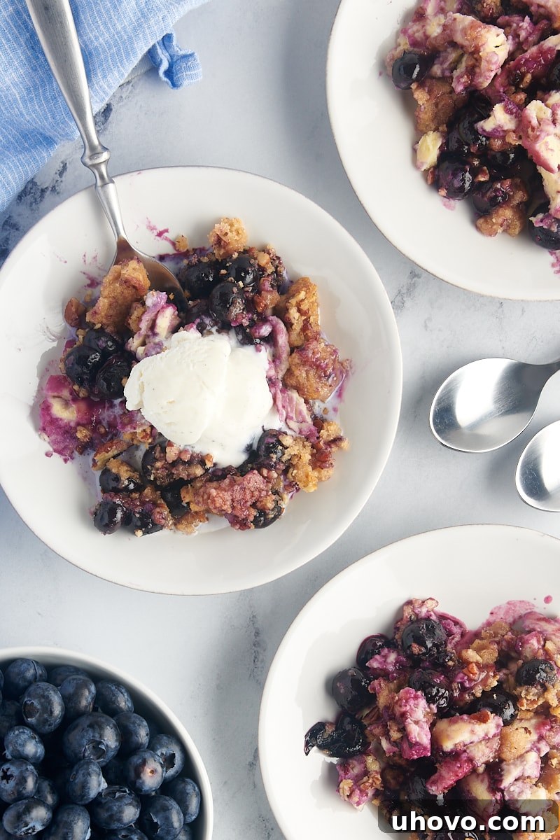 Overhead view of three white plates, each with a serving of blueberry crisp, the center plate adorned with a scoop of melting vanilla ice cream.