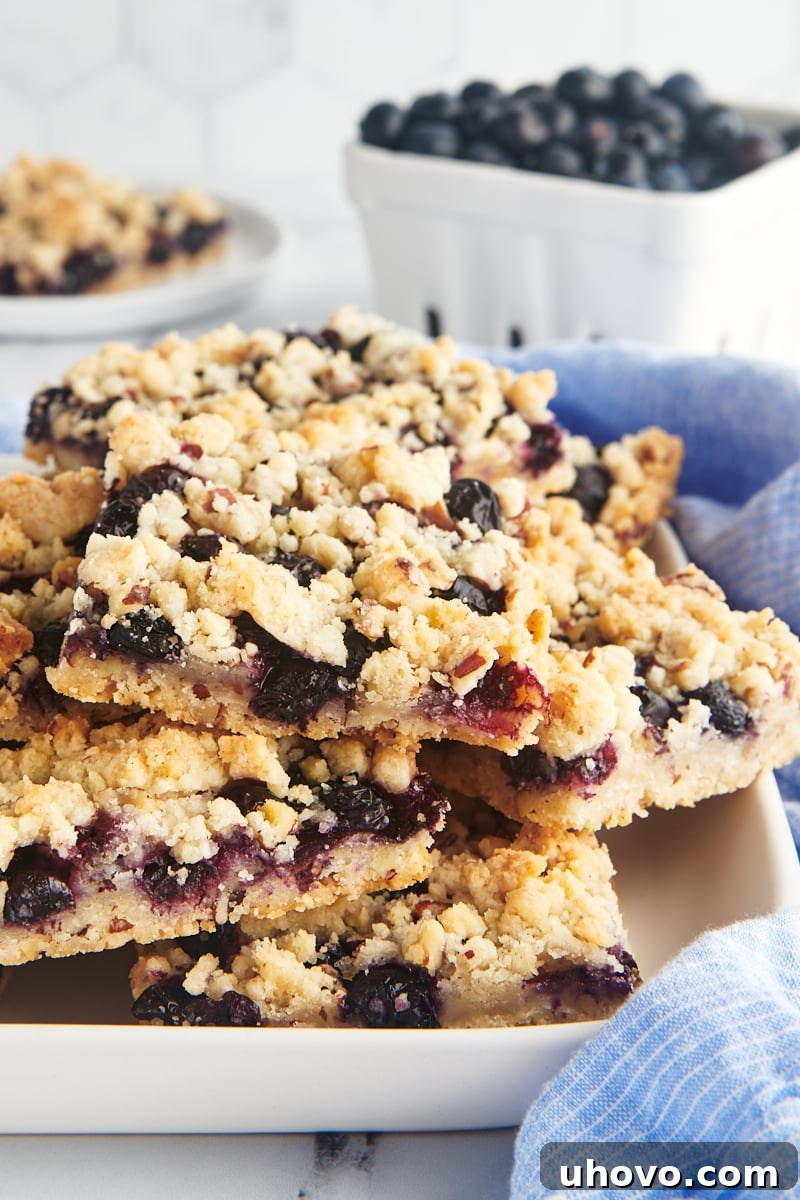 Freshly baked blueberry bars made with fresh blueberries and lemon zest, resting on parchment paper.