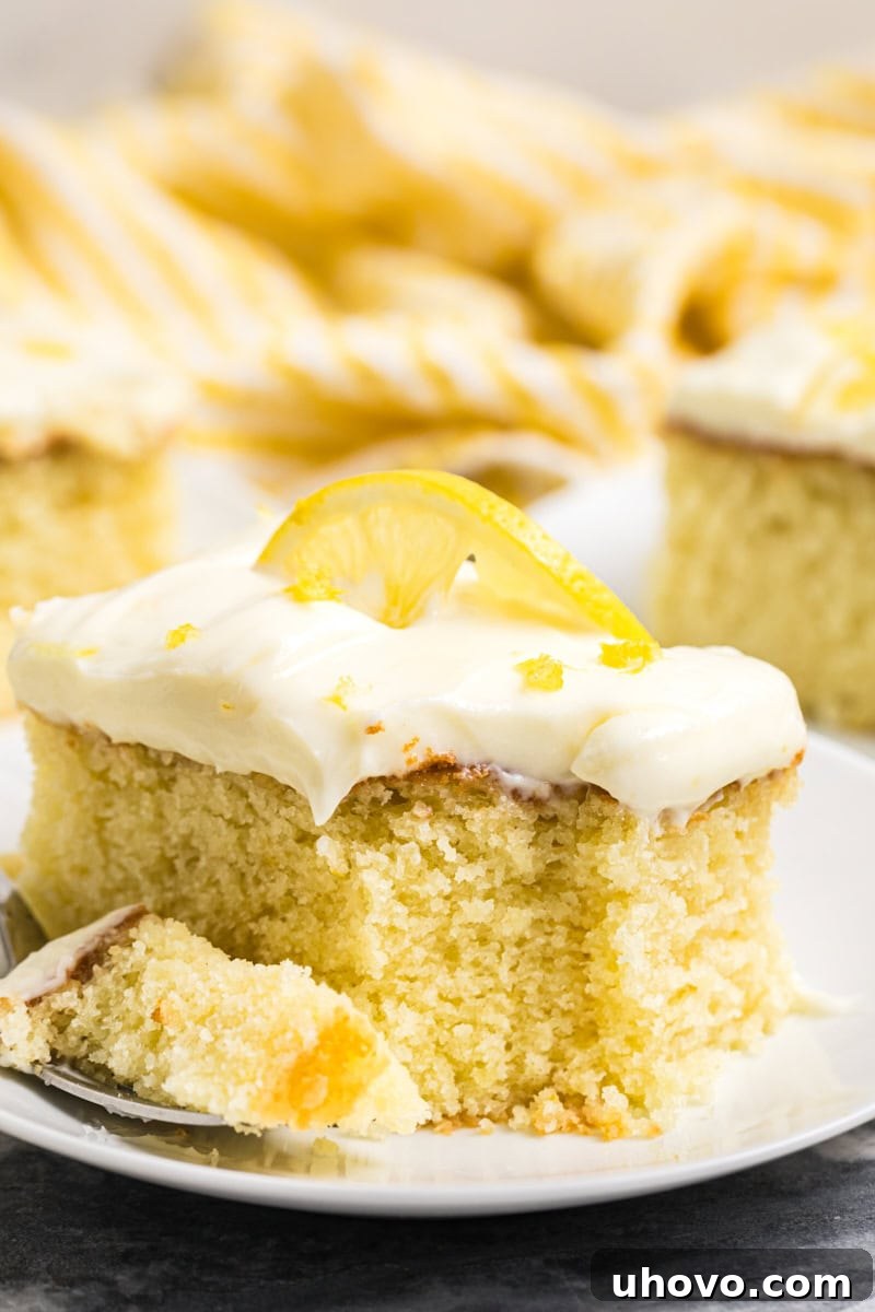 Close up of a slice of lemon sheet cake topped with a lemon slice and zest, showcasing its tender crumb and creamy frosting.