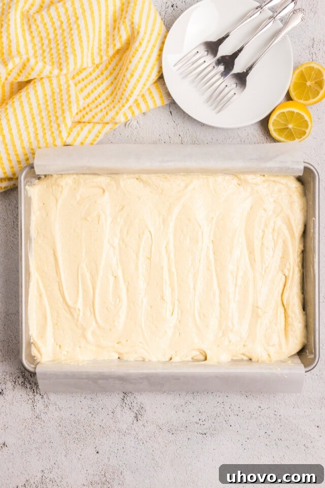 Overhead view of lemon cake batter spread evenly in a 9x13 inch baking pan, ready for the oven.
