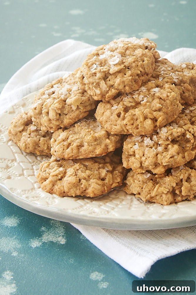 Stack of Salted Oatmeal Cookies on a textured white plate, showing the soft interior and the salt flakes.