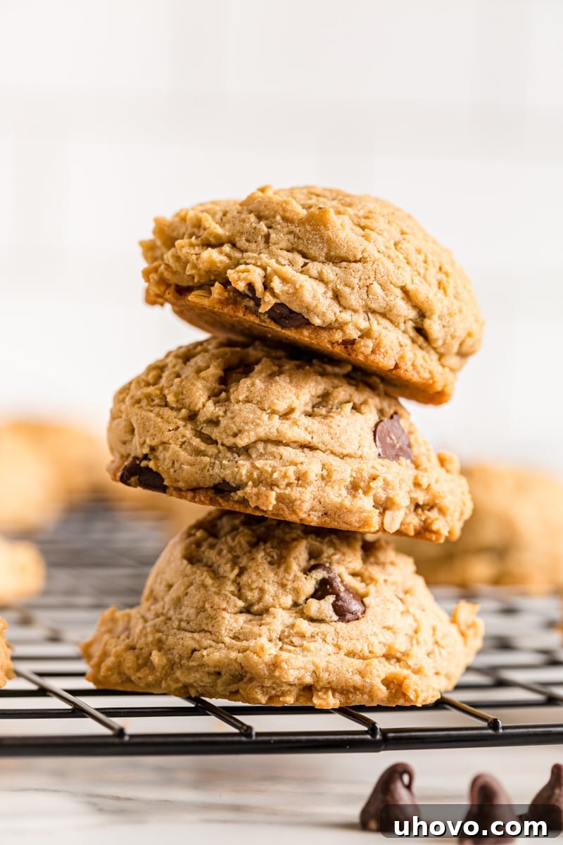 Stack of Oatmeal Peanut Butter Chocolate Chip Cookies on wire cooling rack, soft and chewy