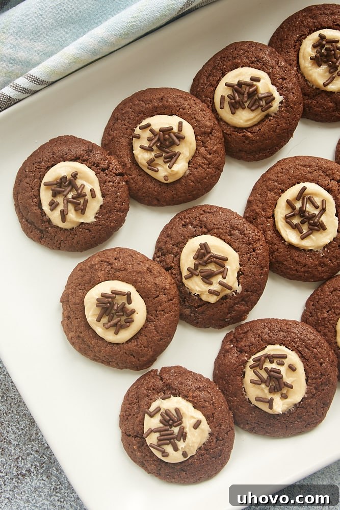 Chocolate Peanut Butter Thumbprint Cookies served on a white tray