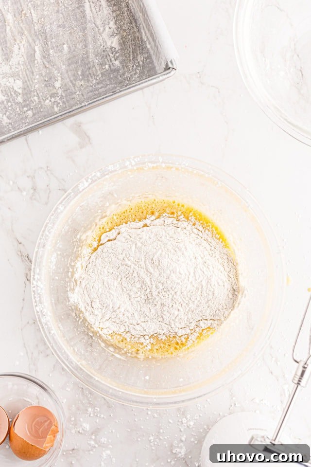 Overhead view of the whisked dry ingredients (flour mixture) being added to the wet batter mixture in a glass bowl for the blackberry crumb bars.