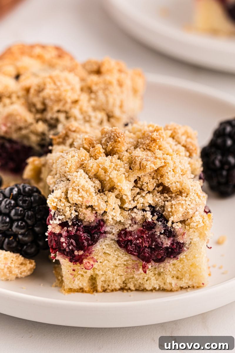 A single, perfectly cut blackberry crumb bar placed on a white plate, with another bar and a scattering of fresh blackberries in the background, ready to be enjoyed.