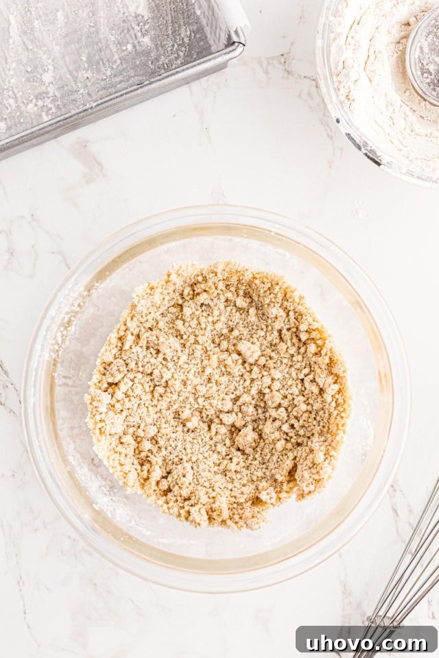 Overhead view of the mixed ingredients for the crumb topping, after flour has been added and mixed to create a moist, crumbly texture for blackberry crumb bars.