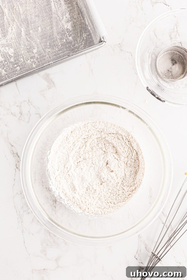 Overhead view of dry ingredients (flour, baking powder, salt) for blackberry crumb bars, after being whisked together in a glass bowl to ensure even distribution.