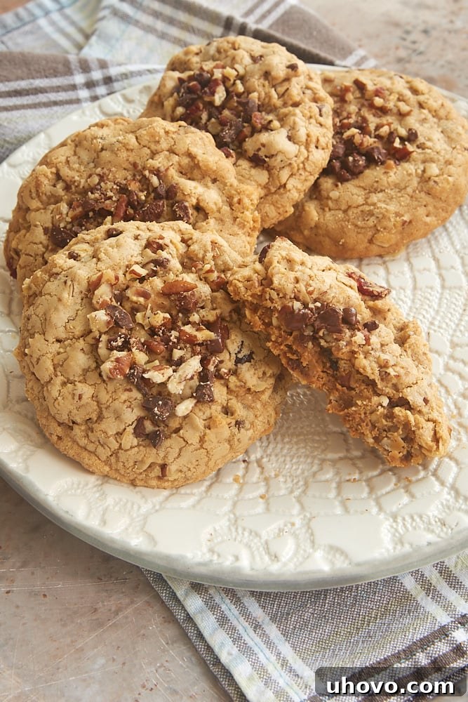 A beautifully arranged plate of freshly baked Cookie Butter-Stuffed Oatmeal Cookies, highlighting their rich color and inviting appeal.