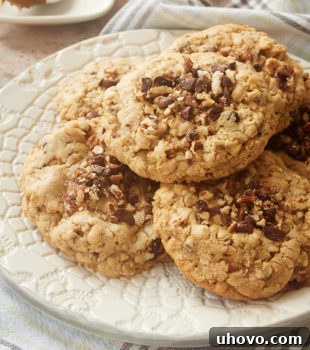 Cookie Butter-Stuffed Oatmeal Cookies stacked on a white plate, showcasing their inviting texture.