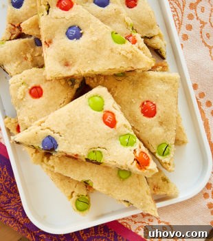 M&M Sugar Cookie Bars on a white tray