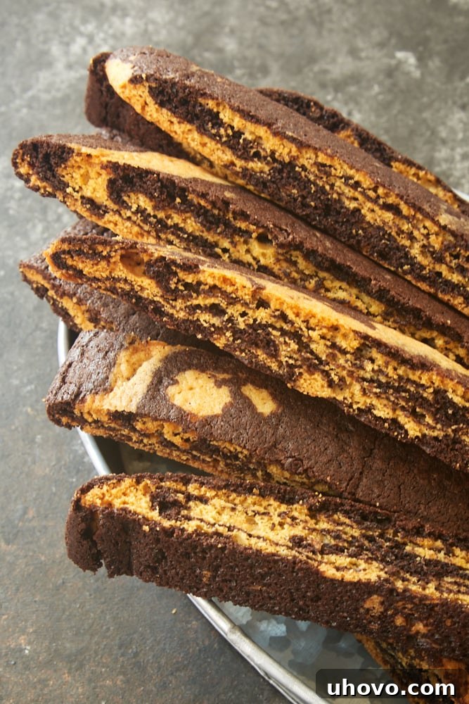 Chocolate Vanilla Marbled Biscotti in a metal serving basket