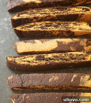 Chocolate Vanilla Marbled Biscotti on a dark surface