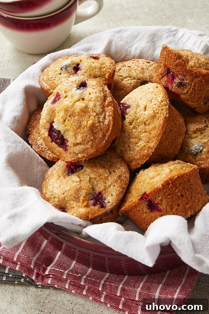 Cranberry Orange Muffins in a round red dish, showcasing their golden tops and visible cranberries.