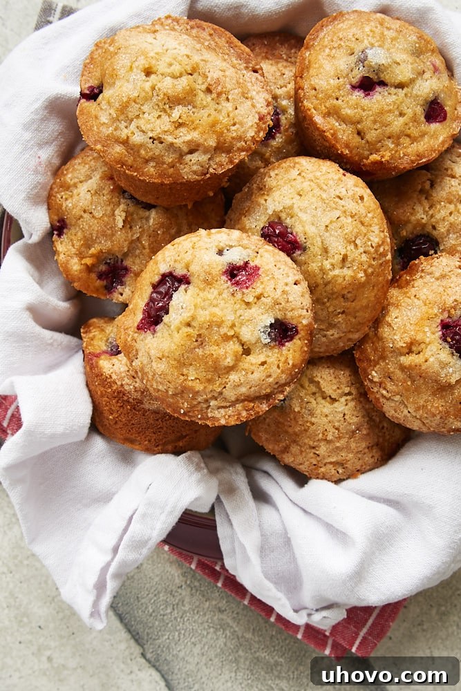 Close-up of Cranberry Orange Muffins in a red dish lined with a white linen napkin, highlighting their inviting texture and vibrant color.