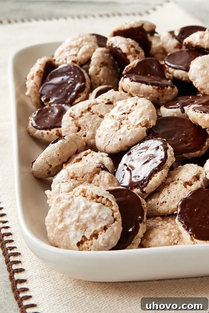 Close-up of freshly baked Hazelnut Macaroons, some featuring a delightful dark chocolate coating on their flat bottoms, arranged on a cooling rack.