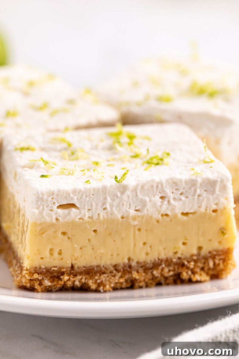 A vibrant Key Lime Pie Bar presented on a pristine white plate, showcasing its bright green filling and crumbly crust, inviting a refreshing taste.