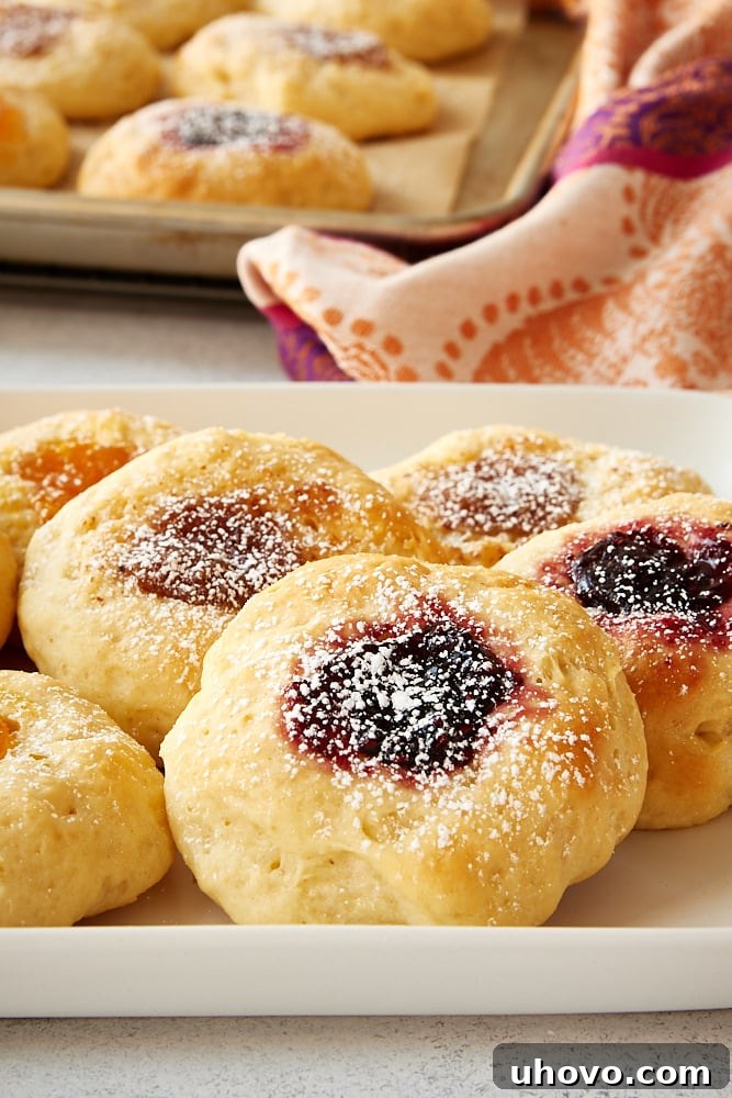 Close-up of freshly baked kolaches, some with apricot and others with raspberry filling, lightly dusted with confectioners' sugar